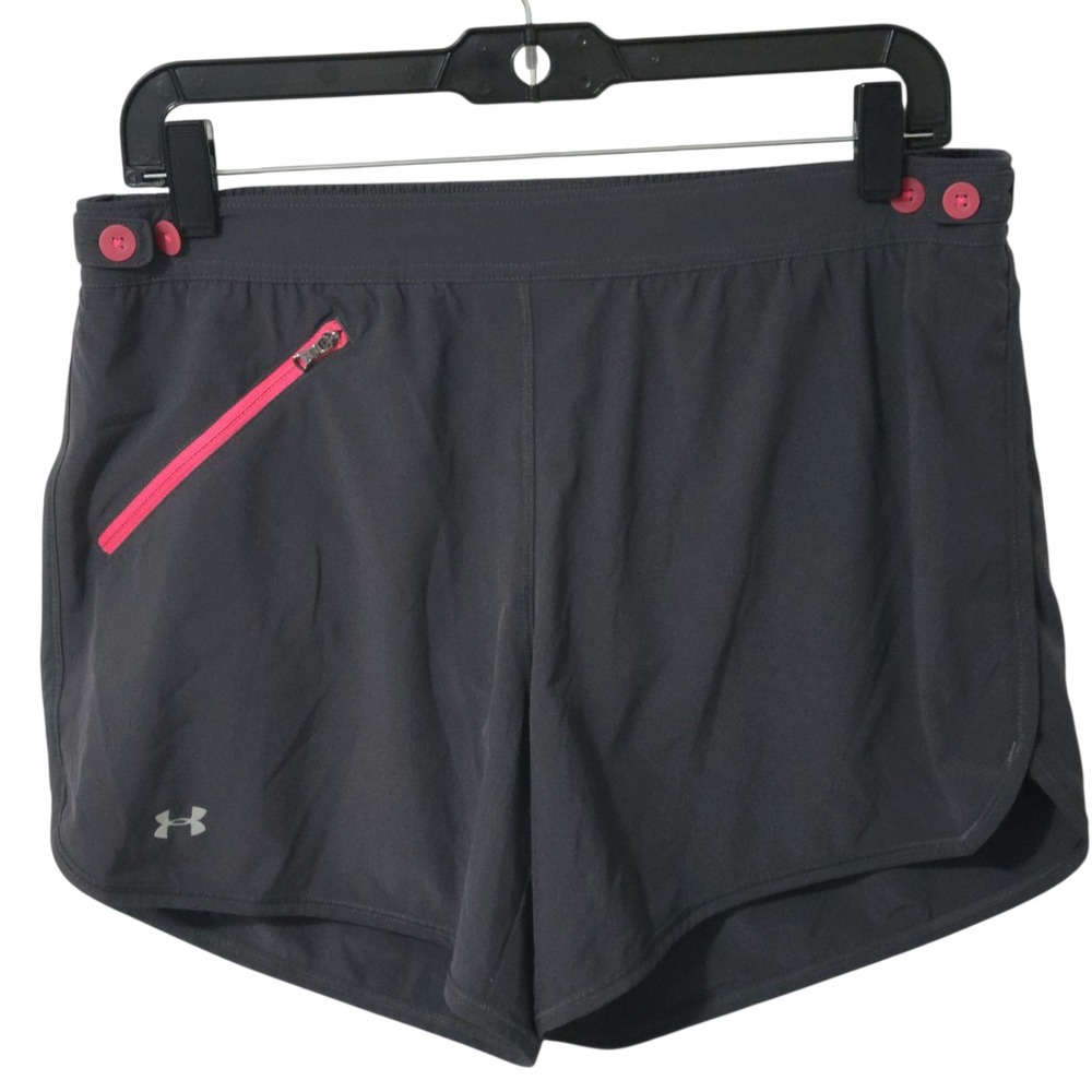 Under Armour Womens Running Shorts Gray Pink Lined Zip Pocket Athletic Size L